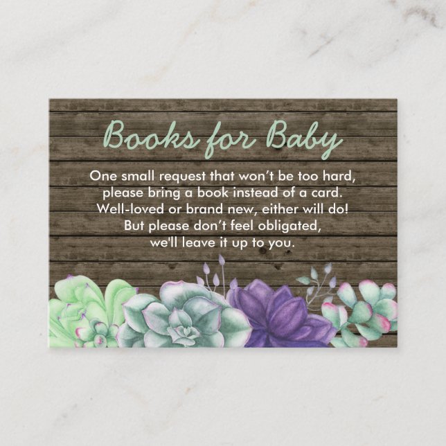 Books for Baby Rustic Succulents Baby Shower Enclosure Card (Front)