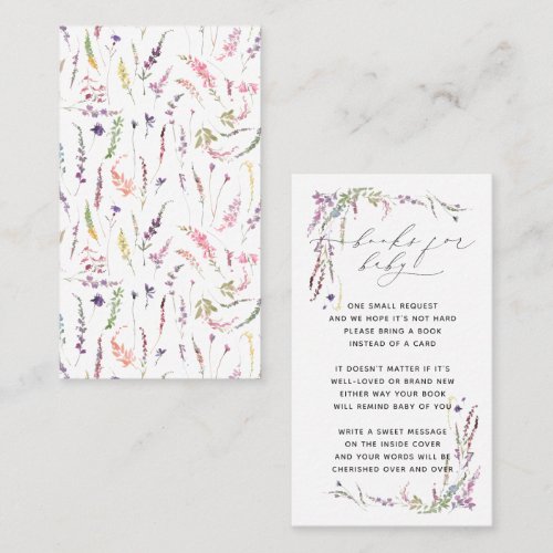 Books for Baby Wildflower Floral Baby Shower Business Card - Designed to coordinate with our Little Wildflower Pastel Floral Baby Shower Collection, this sweet books for baby shower card features watercolor floral design elements, and delicate hand lettered modern calligraphy. The back of the card features a matching floral pattern. Contact designer for matching products. View collection here: https://www.zazzle.com/collections/little_wildflower_baby_shower_collection-119673391720849144  Copyright Elegant Invites, all rights reserved.