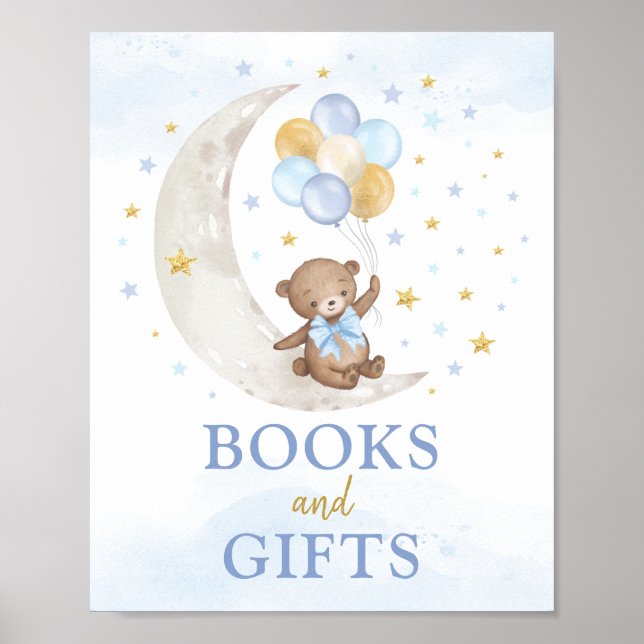Books & Gifts Moon Teddy Bear Blue Gold Balloons Poster (Front)