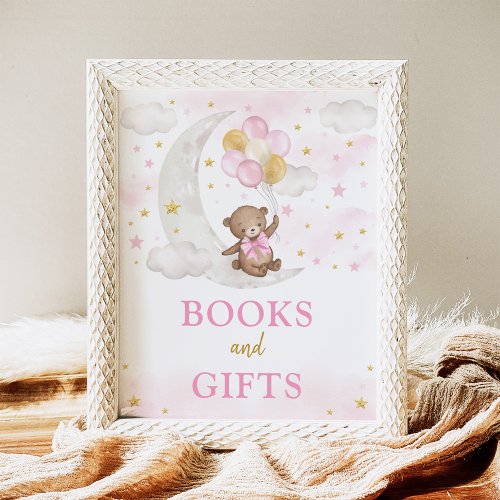 Books  Gifts Moon Teddy Bear Pink Gold Balloons Poster