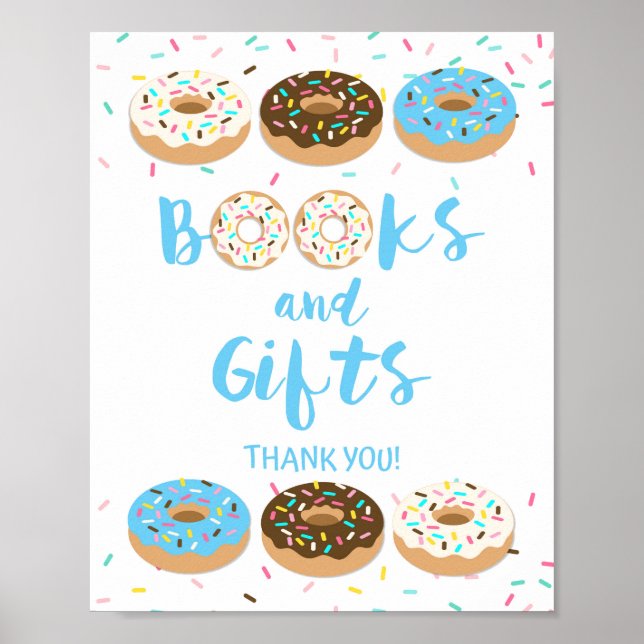 Books & Gifts Shower Table Sign Blue Donuts (Front)