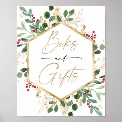 Books gifts sign Christmas red gold baby shower