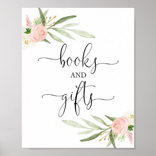 Books gifts sign pink greenery gold baby shower