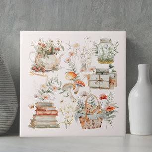 Books Mushroom Floral Whimsical Cottagecore Art Ceramic Tile