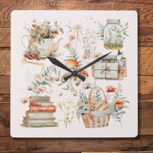 Books Mushroom Floral Whimsical Cottagecore Art Square Wall Clock