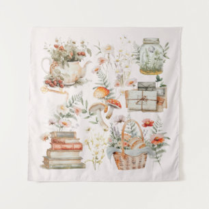 Books Mushroom Floral Whimsical Cottagecore Art Tapestry