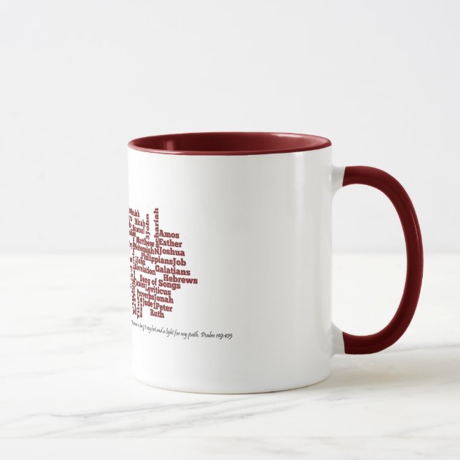 Books of the Bible. Red lettering on white mug. Mug (Right)
