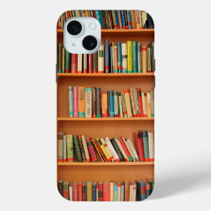Books on Bookshelf Background iPhone 15 Plus Case