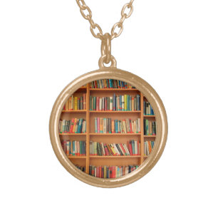 Books on Bookshelf Background Gold Plated Necklace