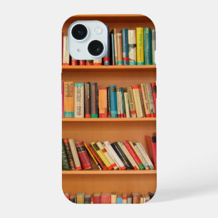 Books on Bookshelf Background iPhone 15 Case