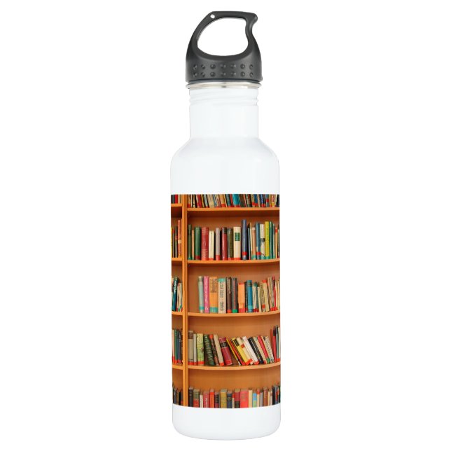 Books on Bookshelf Background Stainless Steel Water Bottle (Front)