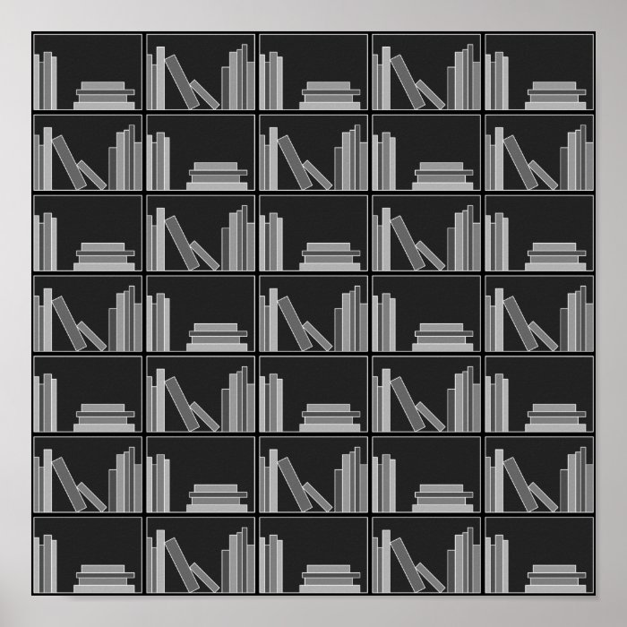 Books on Shelf. Gray, Black and White. Print