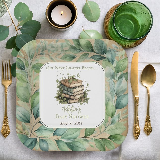 Books Our Next Chapter Begins Baby Shower Paper Plates (Rustic Vintage Look Elegance "Our Next Chapter Begins . . ." Books | Leaves Baby Shower Paper Plates)
