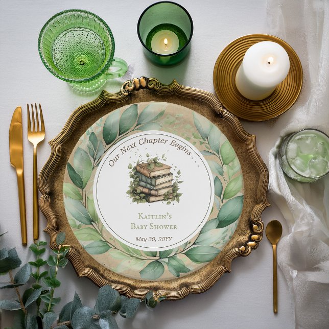 Books Our Next Chapter Begins Baby Shower Paper Plates (Rustic Vintage Look Elegance "Our Next Chapter Begins . . ." Books Leaves Baby Shower Paper Plates)