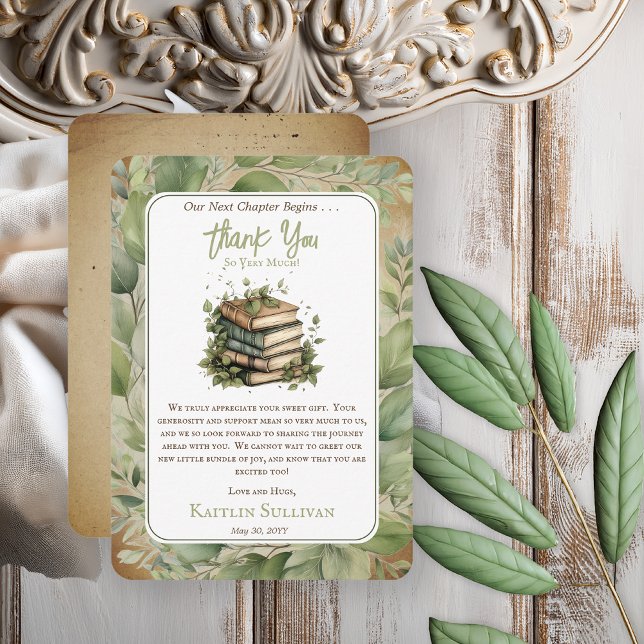 Books Our Next Chapter Begins Baby Shower Thank You Card (Rustic Vintage Look Elegance "Our Next Chapter Begins . . ." Old Books Leaves Baby Shower Thank You)