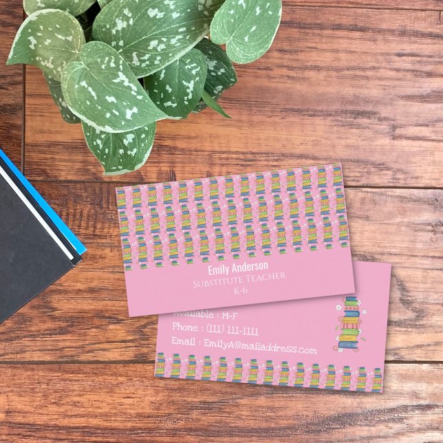 Books Pattern Sub Teacher Pink Business Card (Books pattern substitute teacher pink horizontal double-sided business card .)