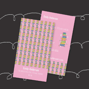 Books Pattern Tutor Pink Vertical Business Card