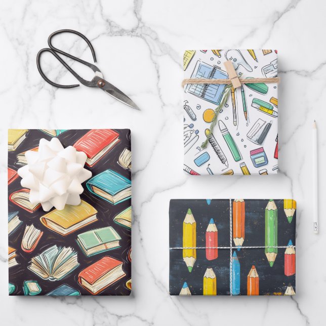 Books & Pencils Chalk Drawing School Gift Wrapping Paper Sheets (Front)