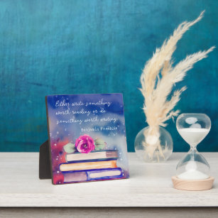 Books & Pink Flower Watercolor Script Custom Quote Plaque