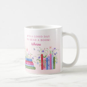 Books Shelf Stacked Good Day Watercolor Flowers Coffee Mug