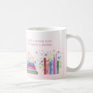 Books Shelf Stacked Good Day Wildflower Floral Coffee Mug