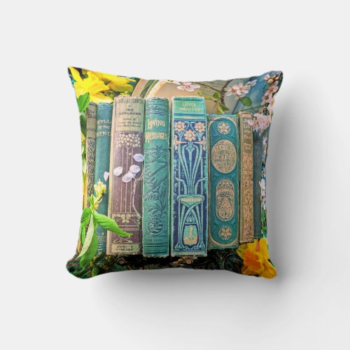 Books Spines and Blossoms green Throw Pillow