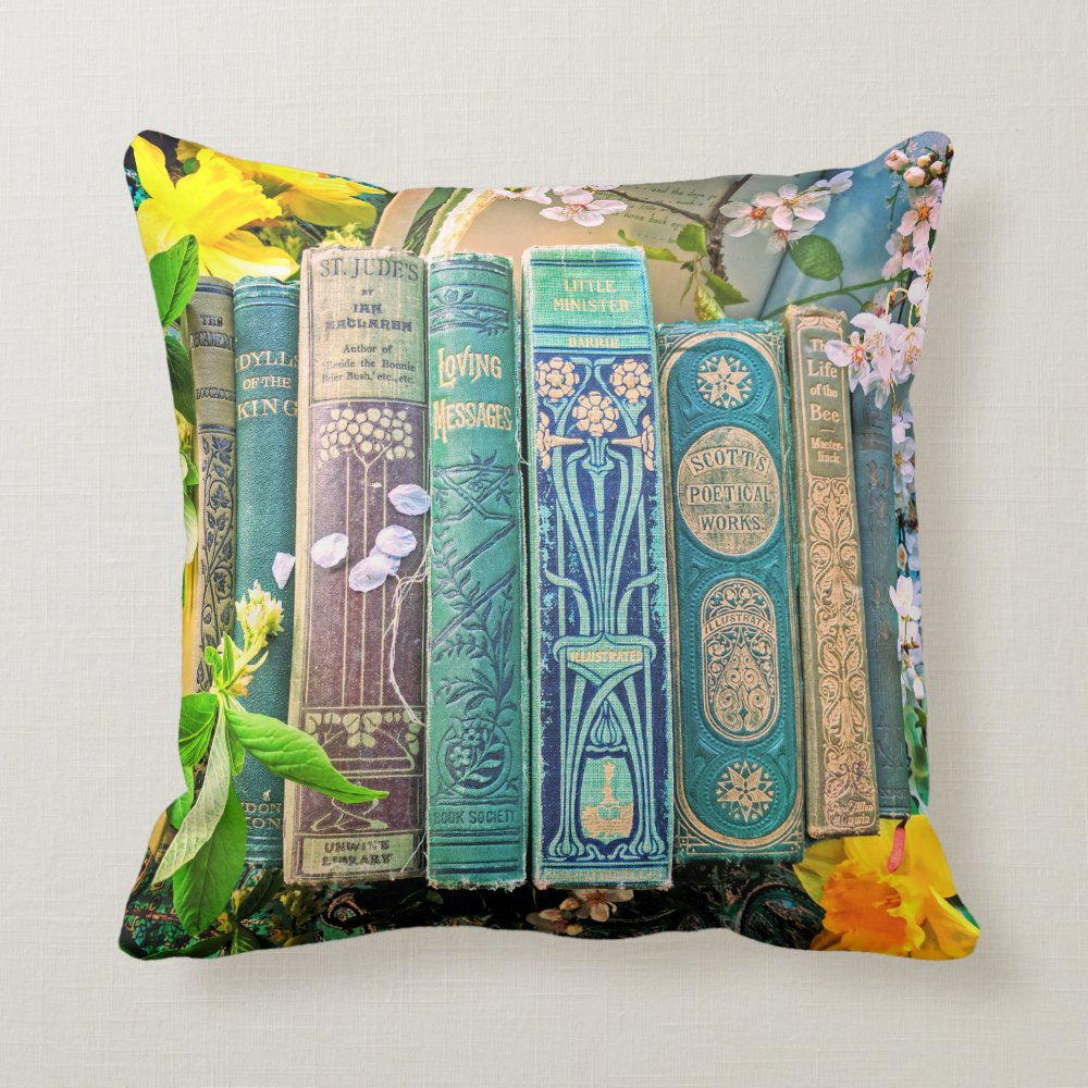 Books Spines and Blossoms (green) Throw Pillow