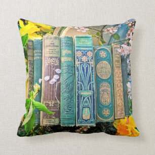 Books Spines and Blossoms (green) Throw Pillow