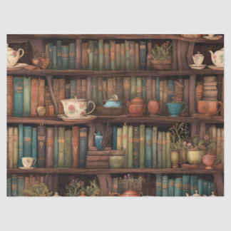 Books, Teapots and Plants on Shelves Tissue Paper