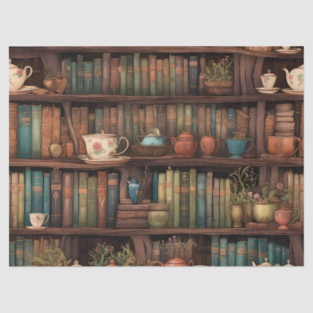 Books, Teapots and Plants on Shelves Tissue Paper (Front)