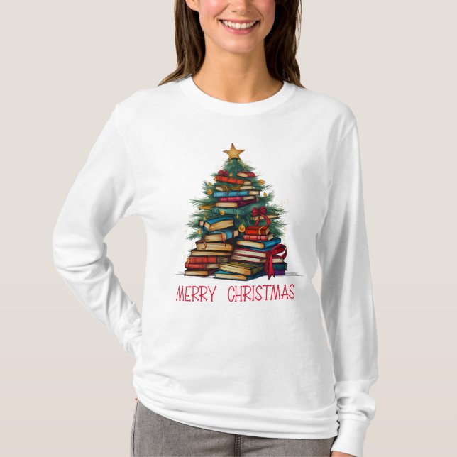 Books Tree Merry Christmas Long Sleeve T-Shirt (Front)