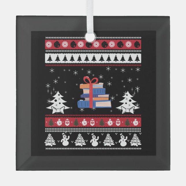 Books Ugly Christmas Funny Reading Gifts Glass Ornament (Front)