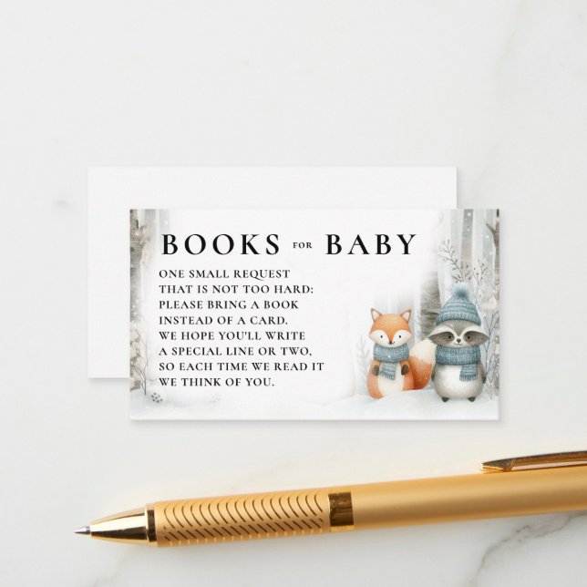 Books Winter Snow Woodland Animals Baby Shower Enclosure Card (Front/Back In Situ)