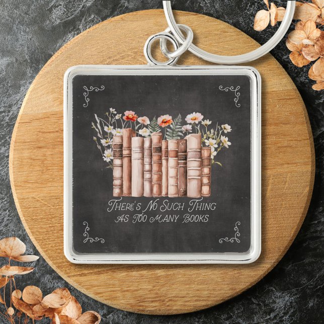Books with Flowers and Quote on Black Chalkboard Keychain (Close up)