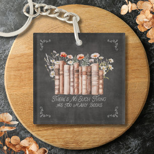 Books with Flowers and Quote on Black Chalkboard Keychain