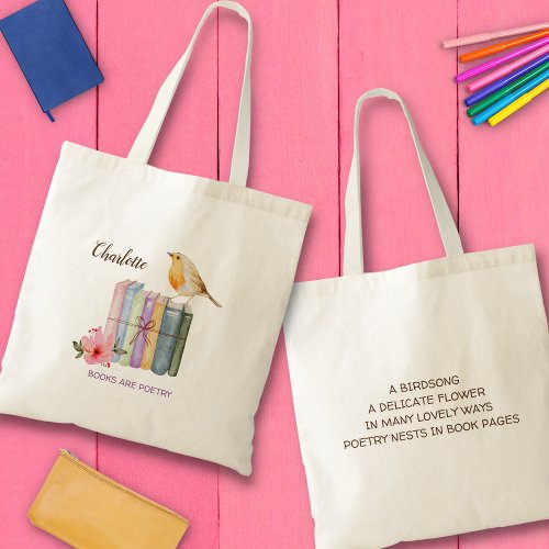 Books with Yellow Bird and Pink Flower Tote Bag