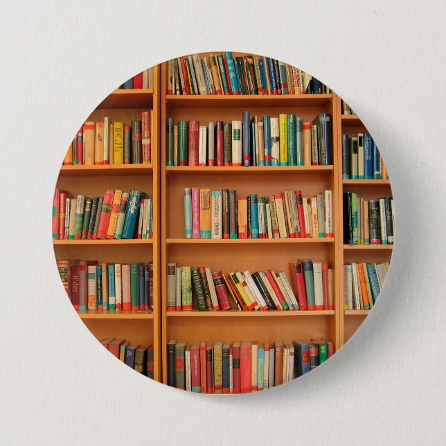 Bookshelf Books Library Bookworm Reading Button (Front)