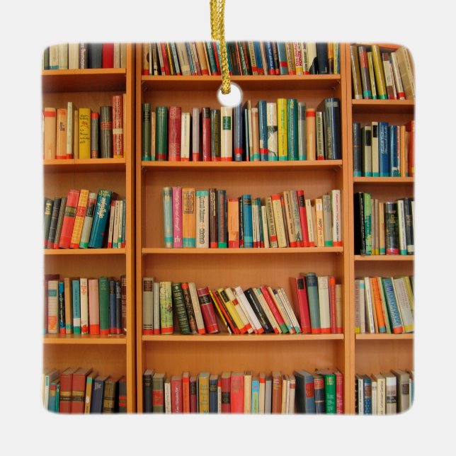 Bookshelf Books Library Bookworm Reading Ceramic Ornament (Front)