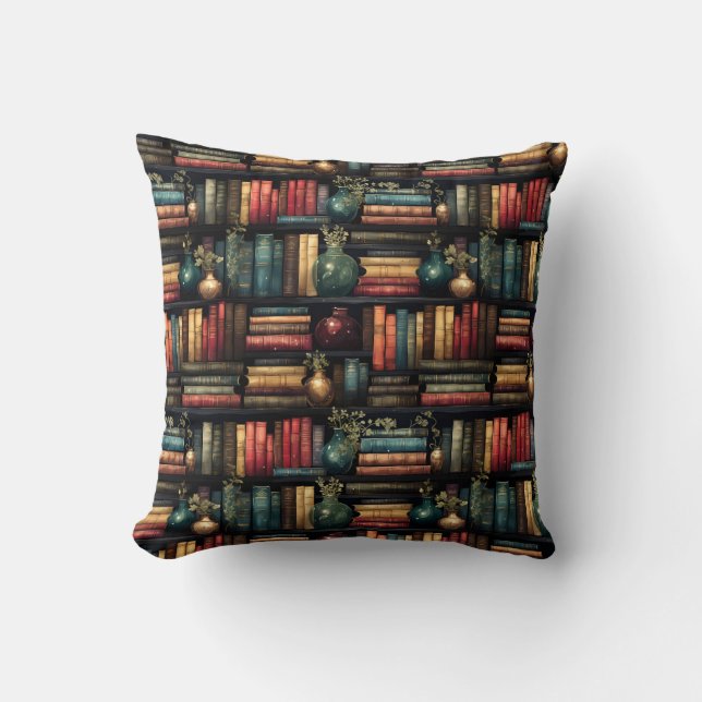 Bookshelf Books Library Bookworm Reading Pattern Throw Pillow (Front)
