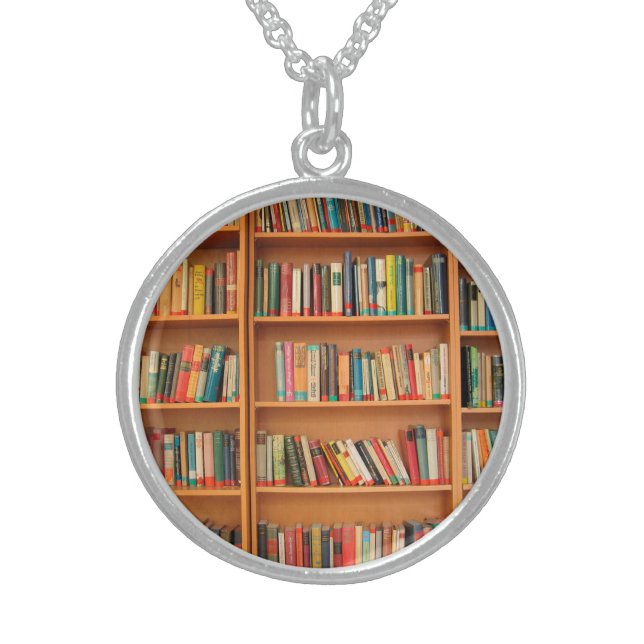 Bookshelf Books Library Bookworm Reading Sterling Silver Necklace (Front)