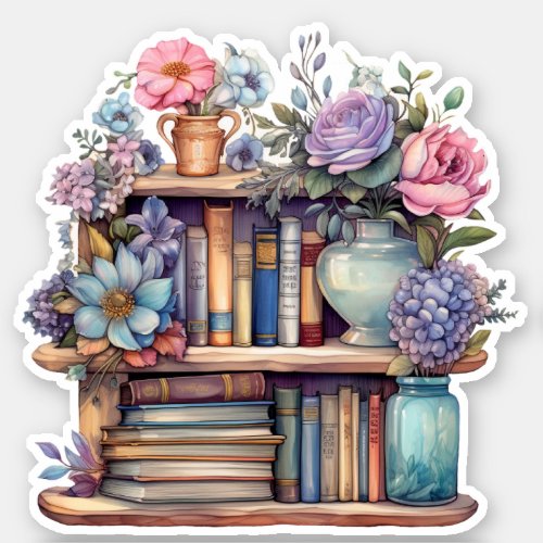 Bookshelves with Flowers Pastel Watercolor Sticker