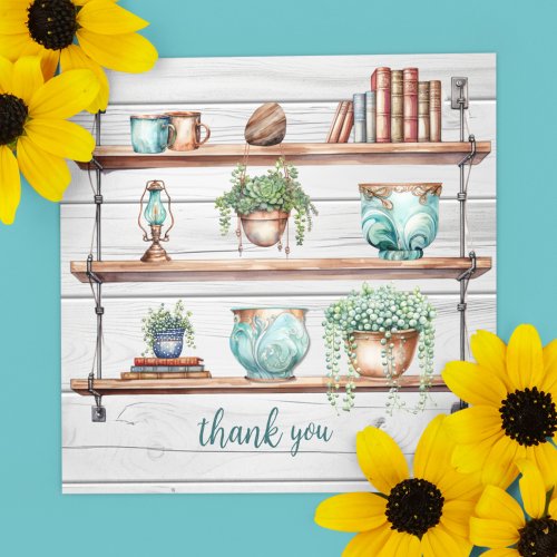 Bookshelves with Knickknacks in Aqua and Copper  Thank You Card