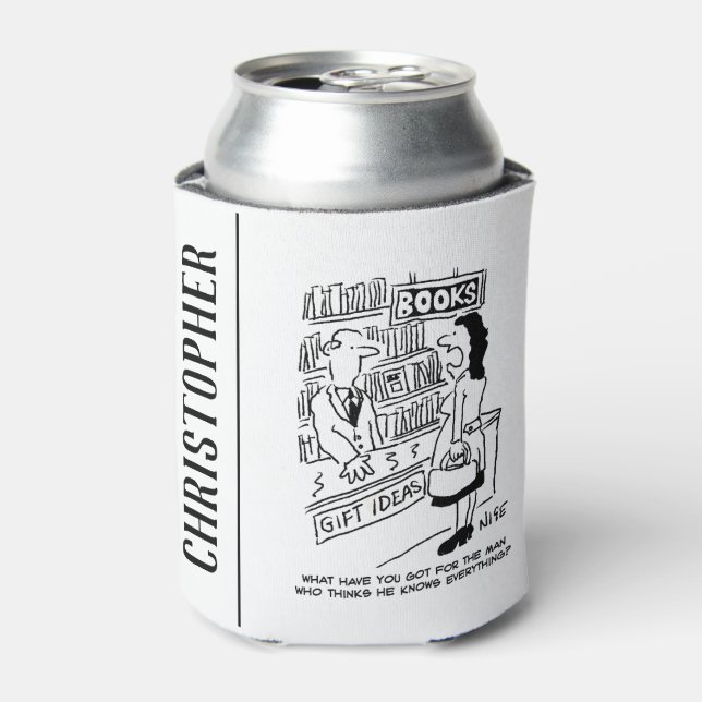 Bookshop Customer asks Shopkeeper a Question Can Cooler (Can Front)