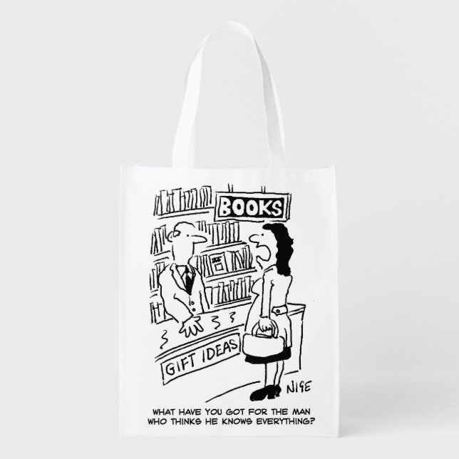 Bookshop Customer asks Shopkeeper a Question Grocery Bag (Front)