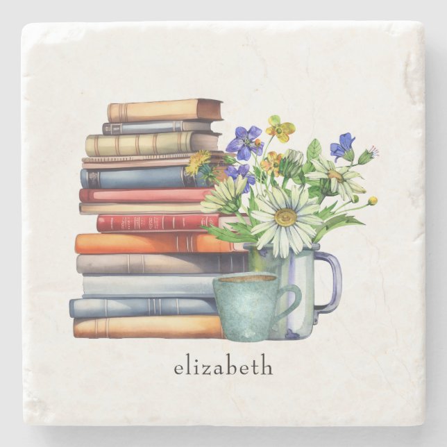 Bookstack Watercolor Floral Reader's Custom Stone Coaster (Front)