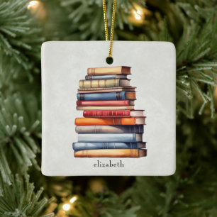 Bookstack Watercolor Vintage Reader's Writer's Ceramic Ornament