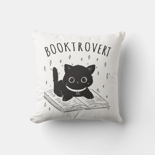 Booktrovert cat with book and stars throw pillow (Front)