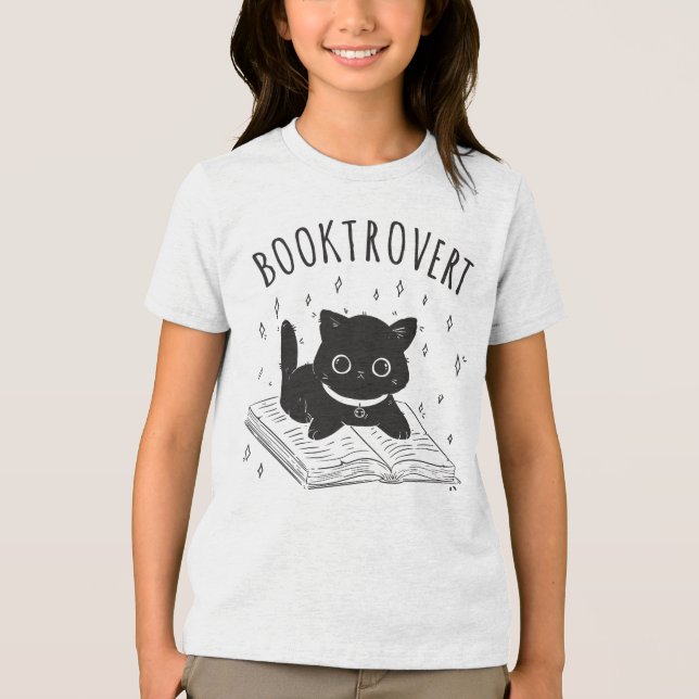 Booktrovert cat with book and stars Tri-Blend shirt (Front)