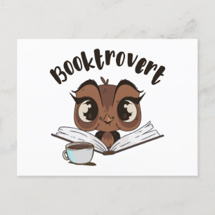 Booktrovert owl with book and coffee holiday postcard