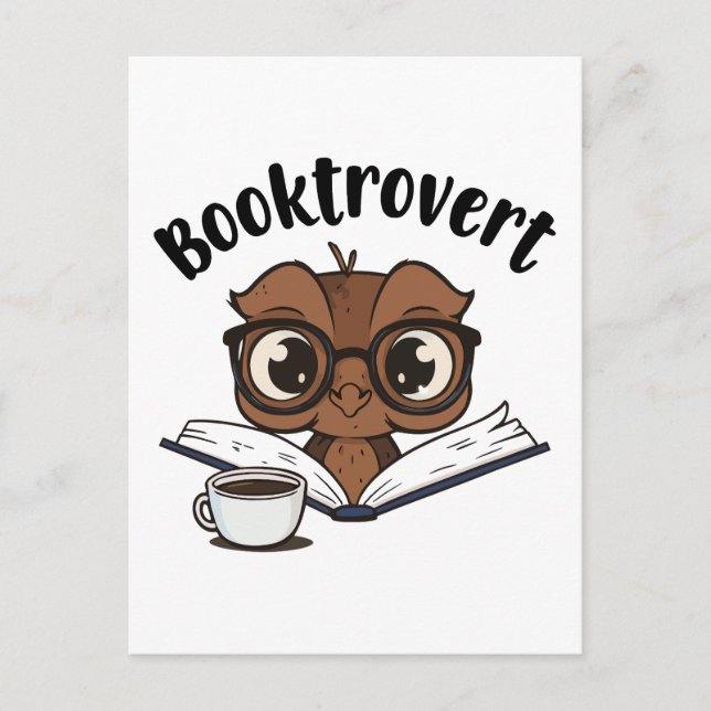 Booktrovert owl with book and coffee postcard (Front)